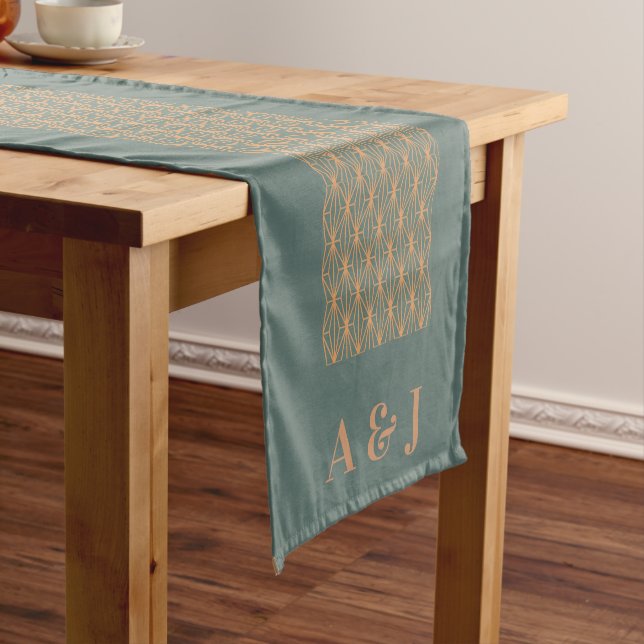 Blue Grey and Terracotta Pattern Monogram Wedding  Medium Table Runner (In Situ)
