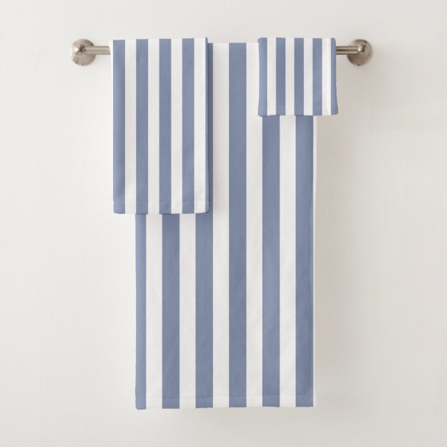Blue grey and white candy stripes bath towel set (Insitu)
