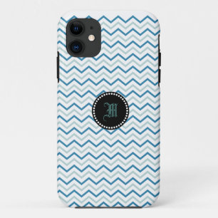 Blue Grey and White Chevron Monogram  iPhone 11 Case