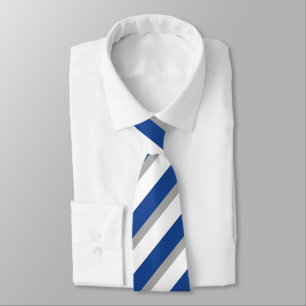 Blue Grey and White Diagonally-Striped Tie