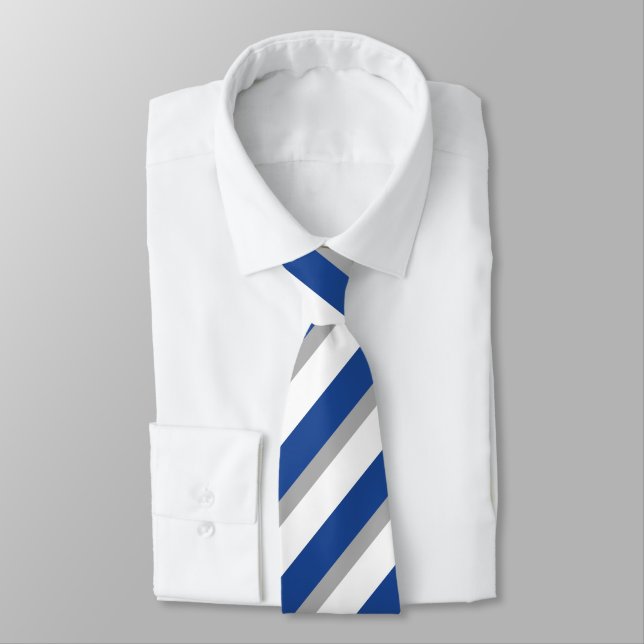 Blue Grey and White Diagonally-Striped Tie (Tied)