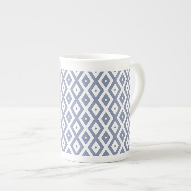 Blue grey and white diamond pattern bone china mug (Front Right)