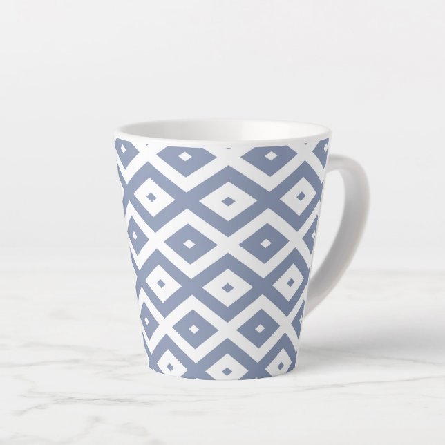 Blue grey and white diamond pattern latte mug (Right Angle)