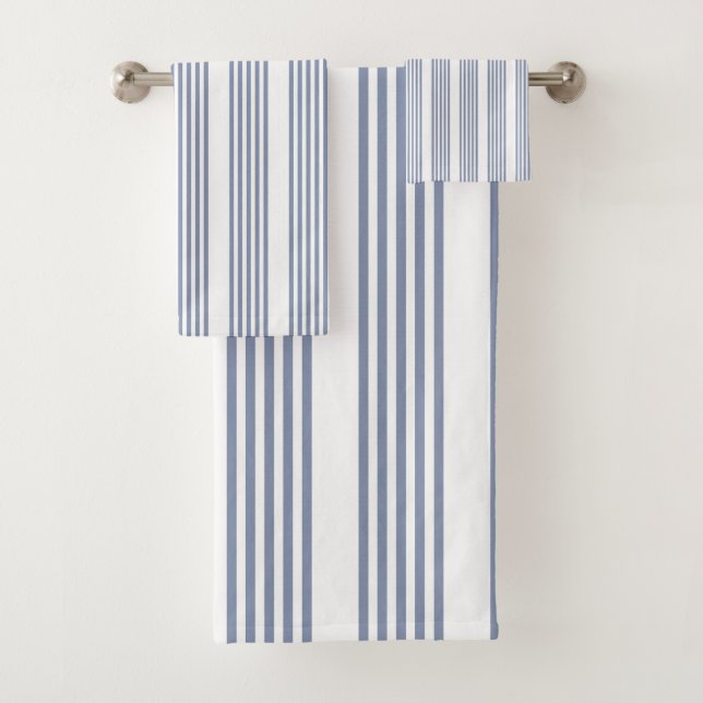 Blue-grey and white five stripe pattern bath towel set (Insitu)