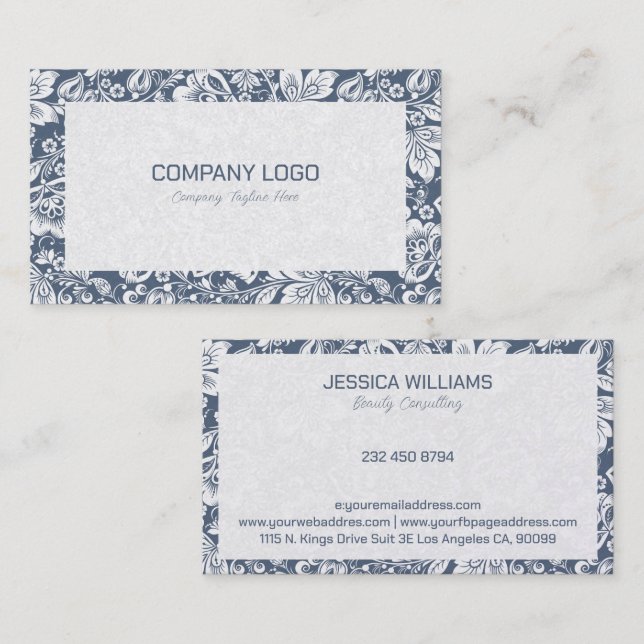 Blue-grey and white floral damasks business card (Front/Back)