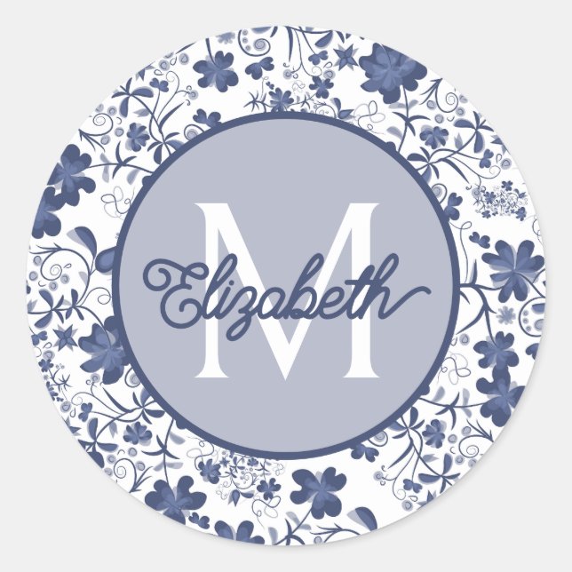 Blue Grey and White Floral Monogram Classic Round Sticker (Front)