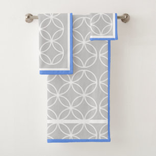 Blue grey and white geometric pattern bath towel set
