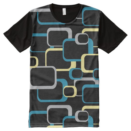 Blue Grey and Yellow Retro Squares Black All-Over-Print T-Shirt