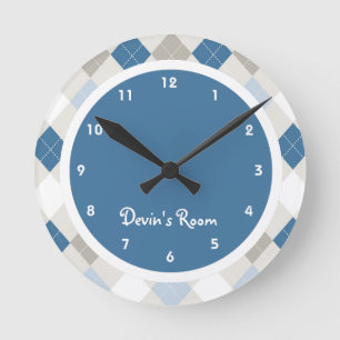 Blue & Grey Argyle Kid's Bedroom Round Clock