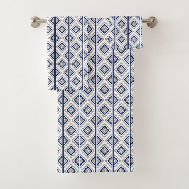 blue grey aztec pattern tiled bath towel set (Insitu)
