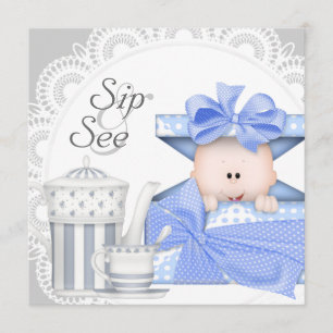 Blue Grey Baby Boy Sip And See Invitations