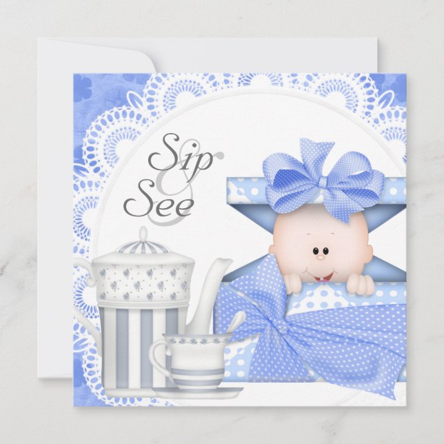 Blue Grey Baby Boy Sip Et Voir Les Invitations (Devant)