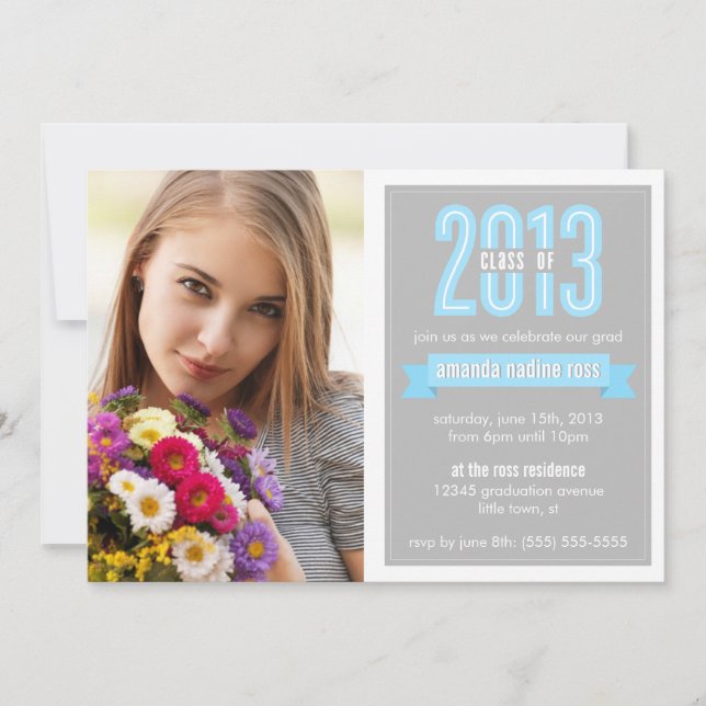 Blue Grey Banner Class of 2013 Photo Graduation Invitation (Front)