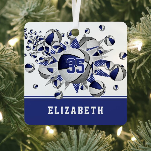 Blue grey basketballs stars personalized  metal ornament (Insitu)