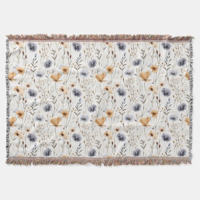 Blue Grey Beige Brown White Boho Flowers Botanical Throw Blanket (Front)