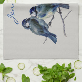  Blue Grey Birds Elegant Watercolor Custom Name Kitchen Towel