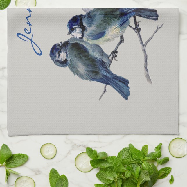  Blue Grey Birds Elegant Watercolor Custom Name Kitchen Towel (Folded)
