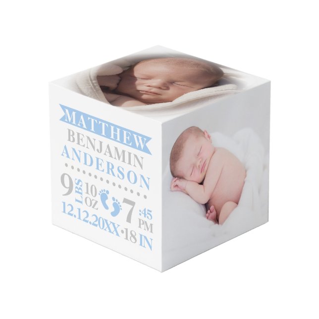 Blue Grey Birth Stats BABY Boy Keepsake PHOTO Cube (Front Angled)