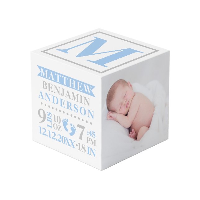Blue Grey Birth Stats BABY Boy Keepsake PHOTO Cube (Front Angled)