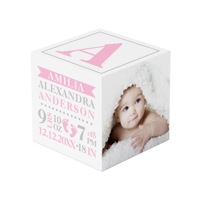 Blue Grey Birth Stats BABY Girl Keepsake PHOTO Cube (Front Angled)