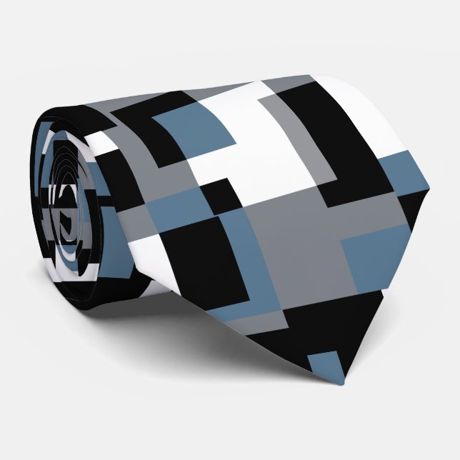 Blue, Grey, Black and White Abstract Pattern Tie (Rolled)