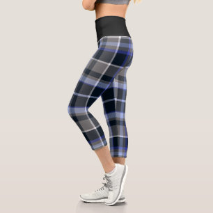 Blue Grey Black Plaid Tartan Pattern Capri Leggings