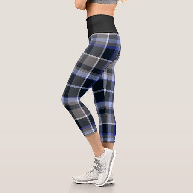 Blue Grey Black Plaid Tartan Pattern Capri Leggings (Left)