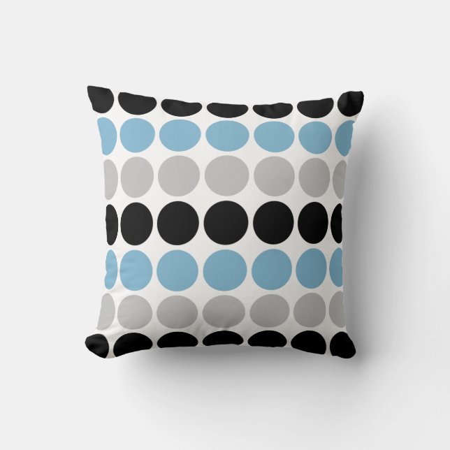 Blue, Grey, Black Retro Circles Pattern Throw Pillow (Front)