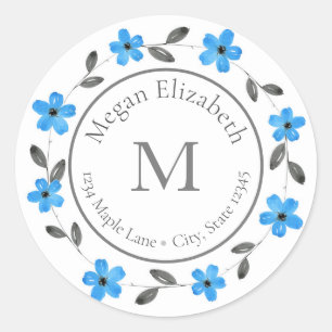 Blue Grey Black Watercolor Floral Wreath labels