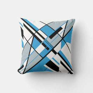 Blue Grey Black White Diagonal Angular Art Design Throw Pillow