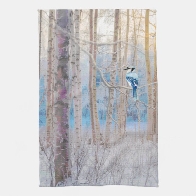 Blue Grey Blue Jay Bird Forest Trees Art Kitchen Towel (Vertical)