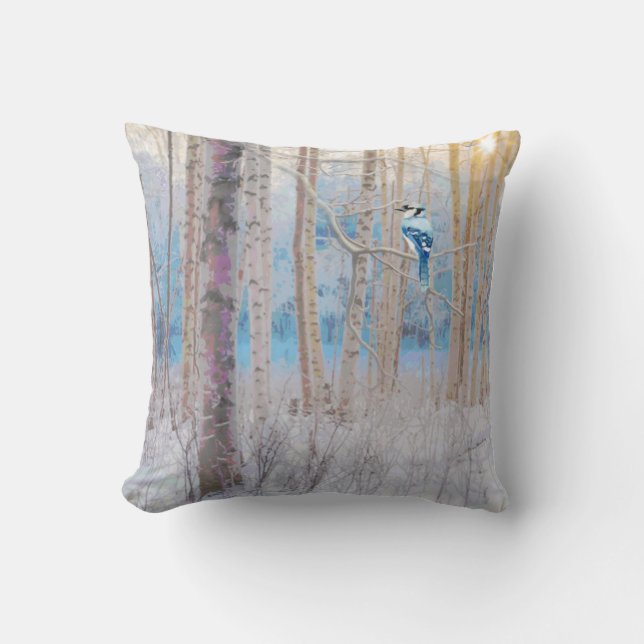 Blue Grey Blue Jay Bird Forest Trees Art Throw Pillow (Front)