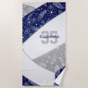 blue grey boho floral feathers pattern volleyball beach towel