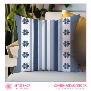 Blue Grey Bold Stripes Floral Throw Pillow