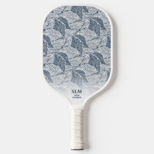 Blue Grey Botanical Leaf Pattern Custom Monogram Pickleball Paddle