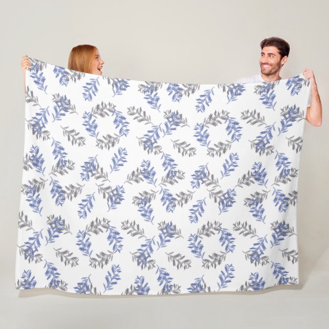 Blue & Grey Botanical Watercolor Pattern Fleece Blanket (In Situ)