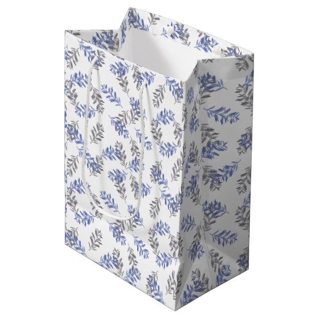 Blue & Grey Botanical Watercolor Pattern Medium Gift Bag (Front Angled)
