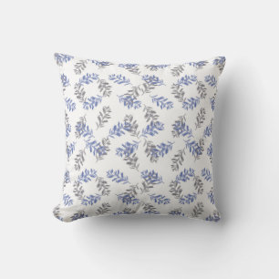Blue & Grey Botanical Watercolor Pattern Throw Pillow