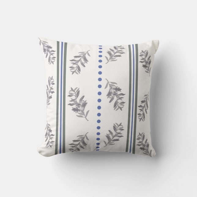 Blue & Grey Botanical Watercolor Pattern Throw Pillow (Front)