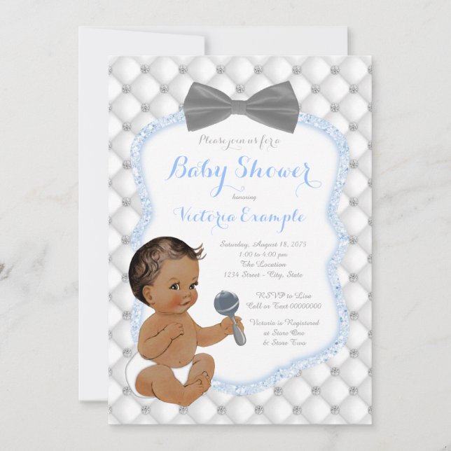 Blue Grey Bow Tie Ethnic Boy Baby Shower Invitation (Front)