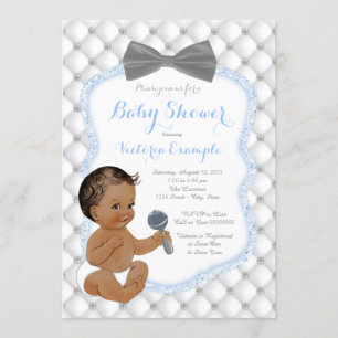Blue Grey Bow Tie Ethnic Boy Baby Shower Invitation