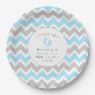 Blue Grey Boy baby shower table decor, paper plate