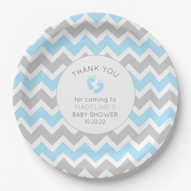 Blue Grey Boy baby shower table decor, paper plate (Front)