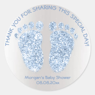 Blue Grey Boy Glitter Feet Baby Shower Favour Than Classic Round Sticker