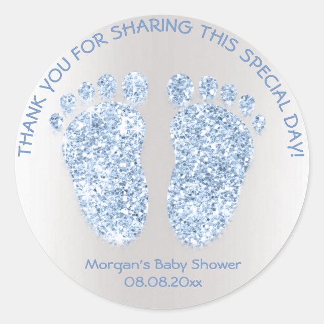 Blue Grey Boy Glitter Feet Baby Shower Favour Than Classic Round Sticker (Front)