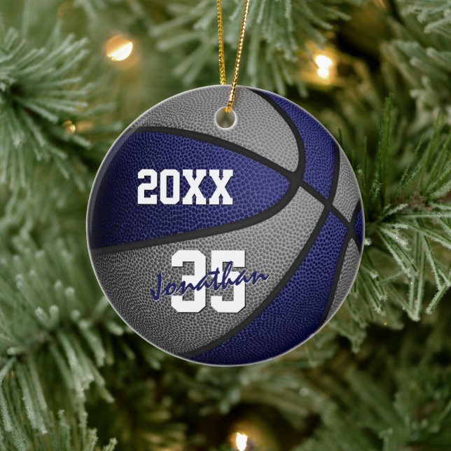 blue grey boys girls basketball team memento ceramic ornament (Tree)