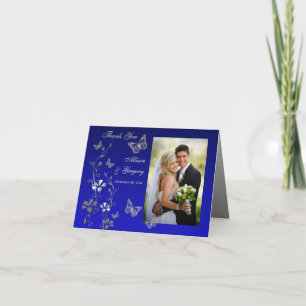 Blue, Grey Butterfly Floral Photo Thank You Card