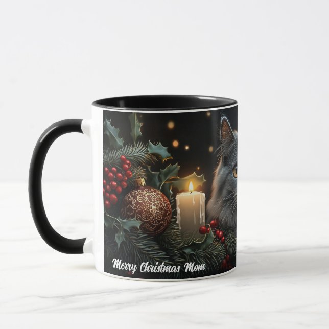 Blue-Grey Cat Lovers Christmas Gift Mug (Left)