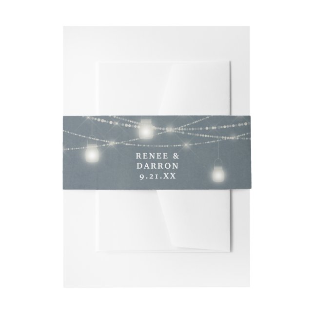 Blue Grey Chalkboard & Mason Jar String Lights Invitation Belly Band (Front Example)