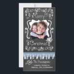 Blue/Grey Chalkboard Merry Christmas Photo Card<br><div class="desc">Merry Christmas holiday photo cards with a chalkboard look background, lots of grey swirls and text that reads Merry Christmas, a string of tree lights in blue and grey, grey and blue hanging ornaments, and areas you can customize these beautiful and bright holiday photo cards with your photo and names!...</div>